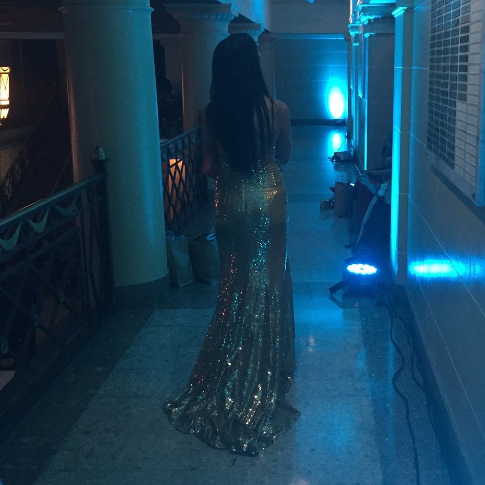 gold v neck prom dress